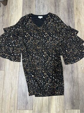 Mud Pie Black Brown and Cream Animal Print Ruffle Sleeve Dress
